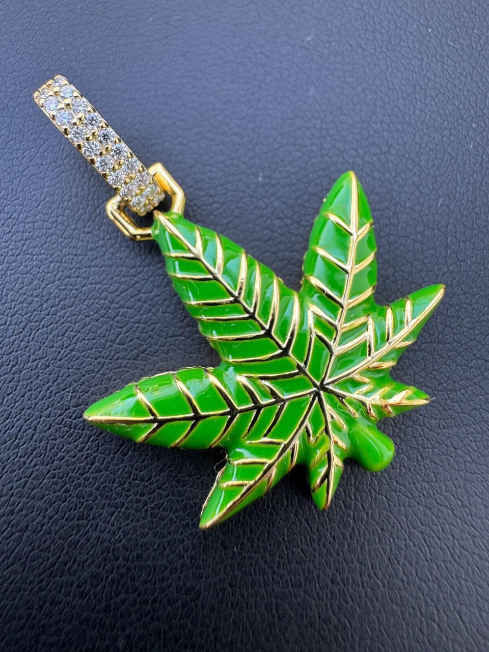 MOISSANITE Marijuana Weed Leaf Pendant - 14k Gold Vermeil Or 925 Silver - Small 1.5"