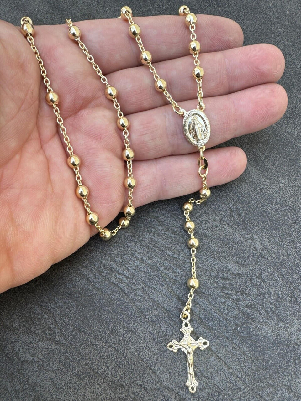 Men's 30" Long Rosary Beads Necklace 14k Gold Over 925 Silver Rosario ITALY 5mm