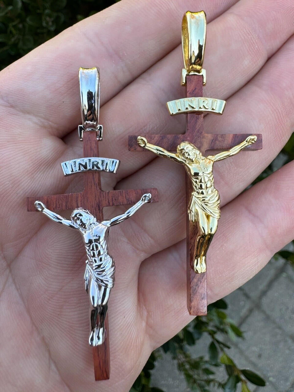 Red Cherry Walnut Wood PlainJesus Cross Pendant - 14k Gold Vermeil Or 925 Silver - Large 2.5"