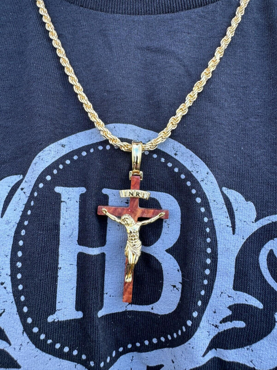 Red Cherry Walnut Wood PlainJesus Cross Pendant - 14k Gold Vermeil Or 925 Silver - Large 2.5"
