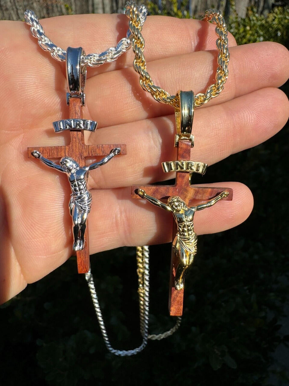 Red Cherry Walnut Wood PlainJesus Cross Pendant - 14k Gold Vermeil Or 925 Silver - Large 2.5"