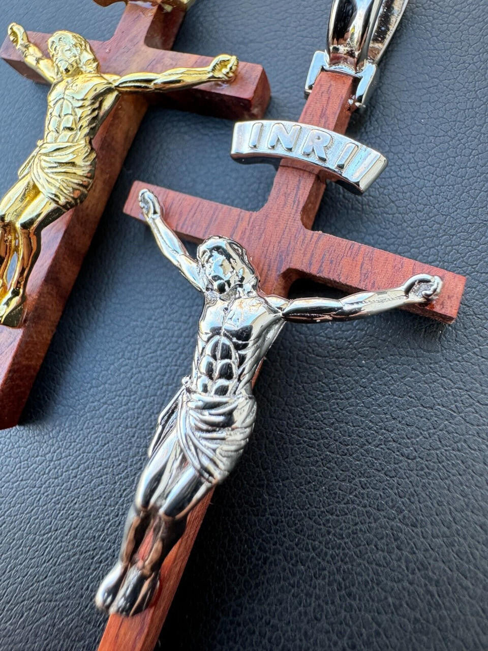 Red Cherry Walnut Wood PlainJesus Cross Pendant - 14k Gold Vermeil Or 925 Silver - Large 2.5"