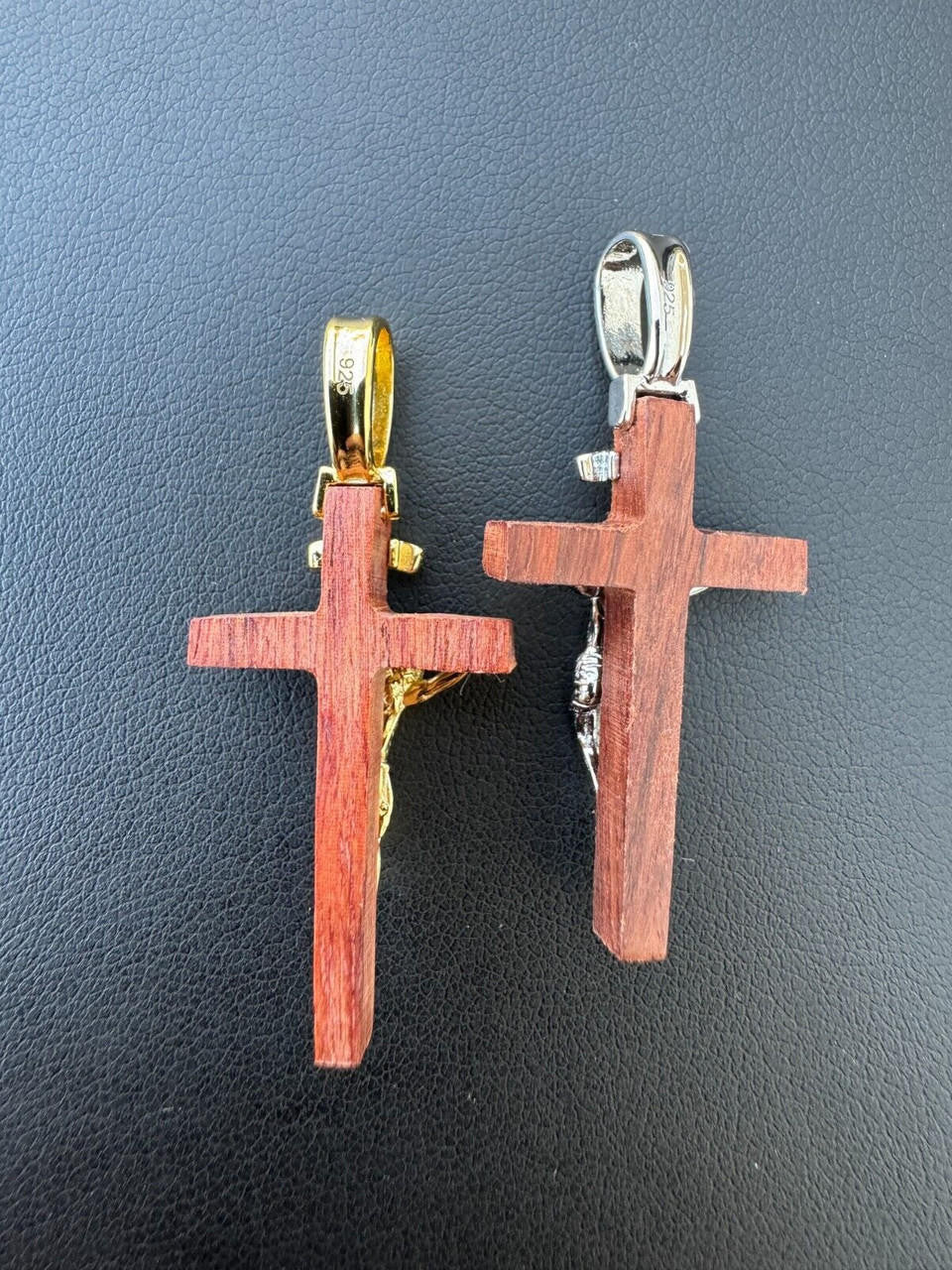Red Cherry Walnut Wood PlainJesus Cross Pendant - 14k Gold Vermeil Or 925 Silver - Small 1.5"