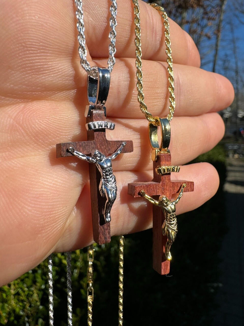 Red Cherry Walnut Wood PlainJesus Cross Pendant - 14k Gold Vermeil Or 925 Silver - Small 1.5"