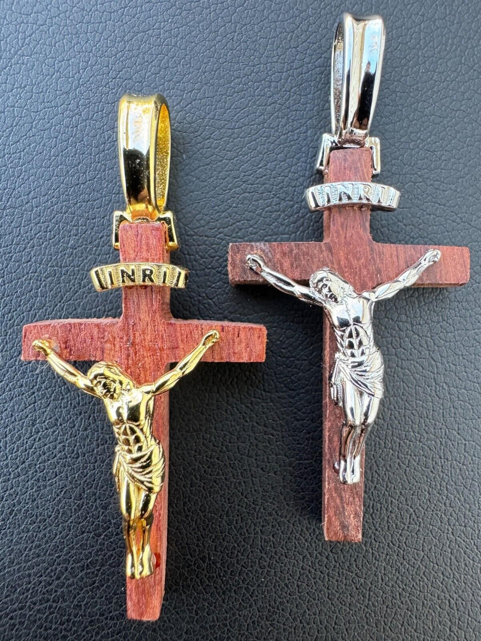 Red Cherry Walnut Wood PlainJesus Cross Pendant - 14k Gold Vermeil Or 925 Silver - Small 1.5"