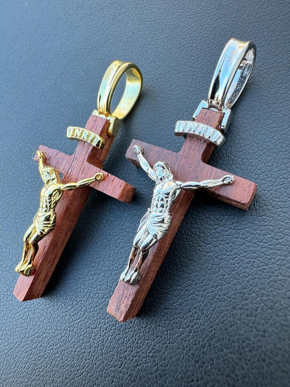 Red Cherry Walnut Wood PlainJesus Cross Pendant - 14k Gold Vermeil Or 925 Silver - Small 1.5"