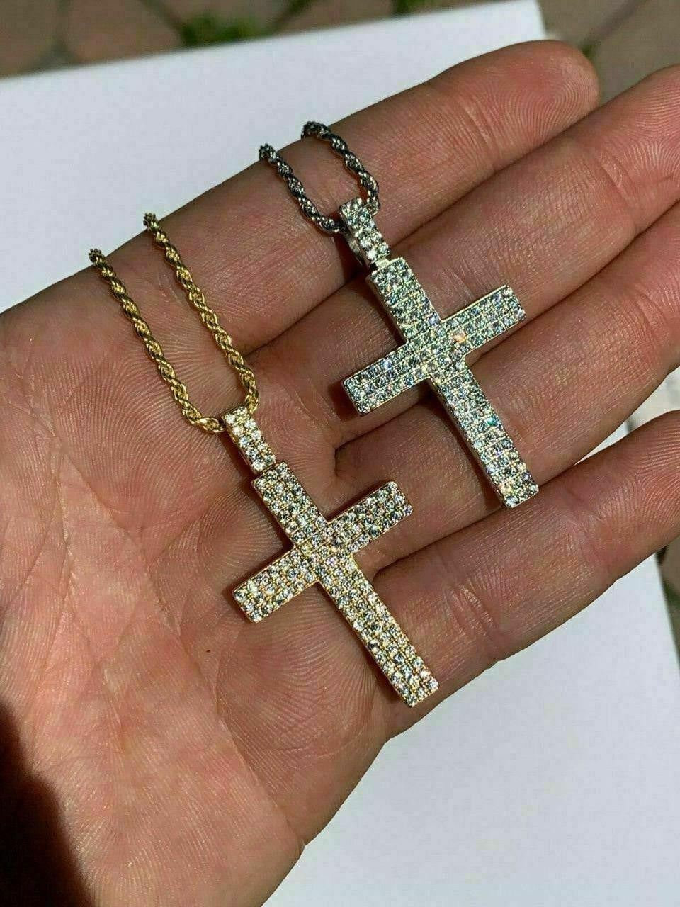 Prong Set Iced Out Cross Pendant - 14k Gold Vermeil or 925 Silver - CZ Stones - Medium 2"