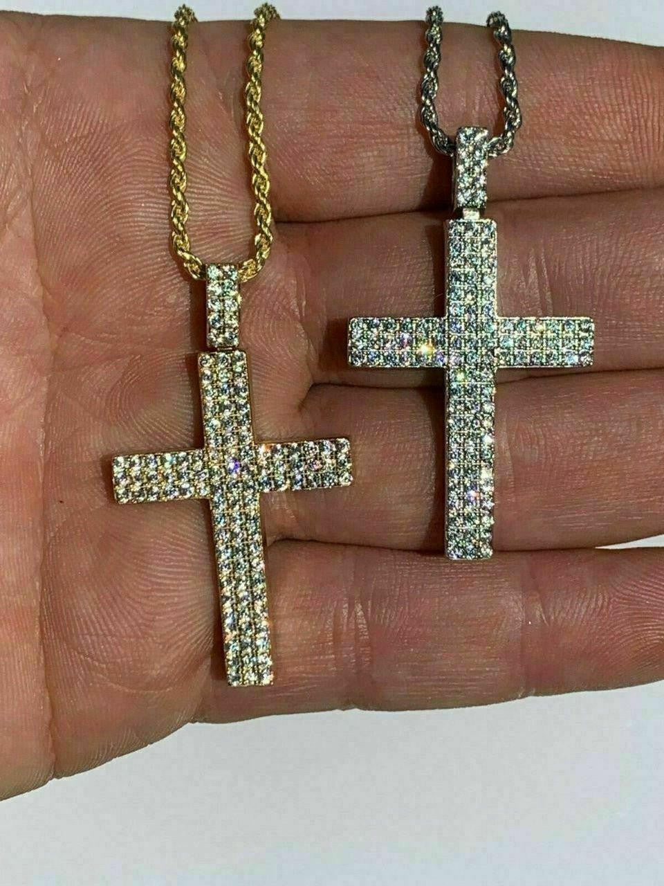 Prong Set Iced Out Cross Pendant - 14k Gold Vermeil or 925 Silver - CZ Stones - Medium 2"