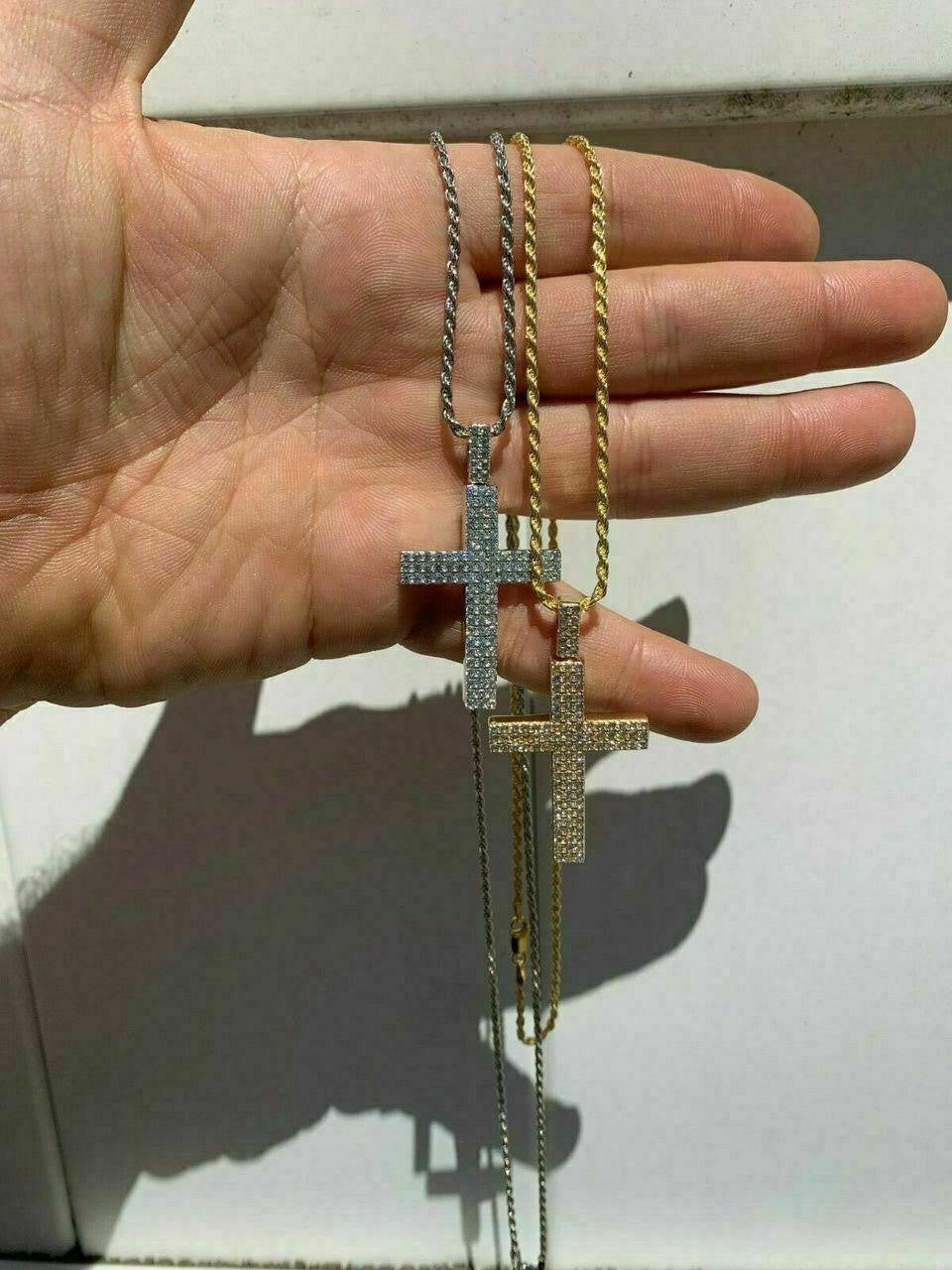 Prong Set Iced Out Cross Pendant - 14k Gold Vermeil or 925 Silver - CZ Stones - Medium 2"