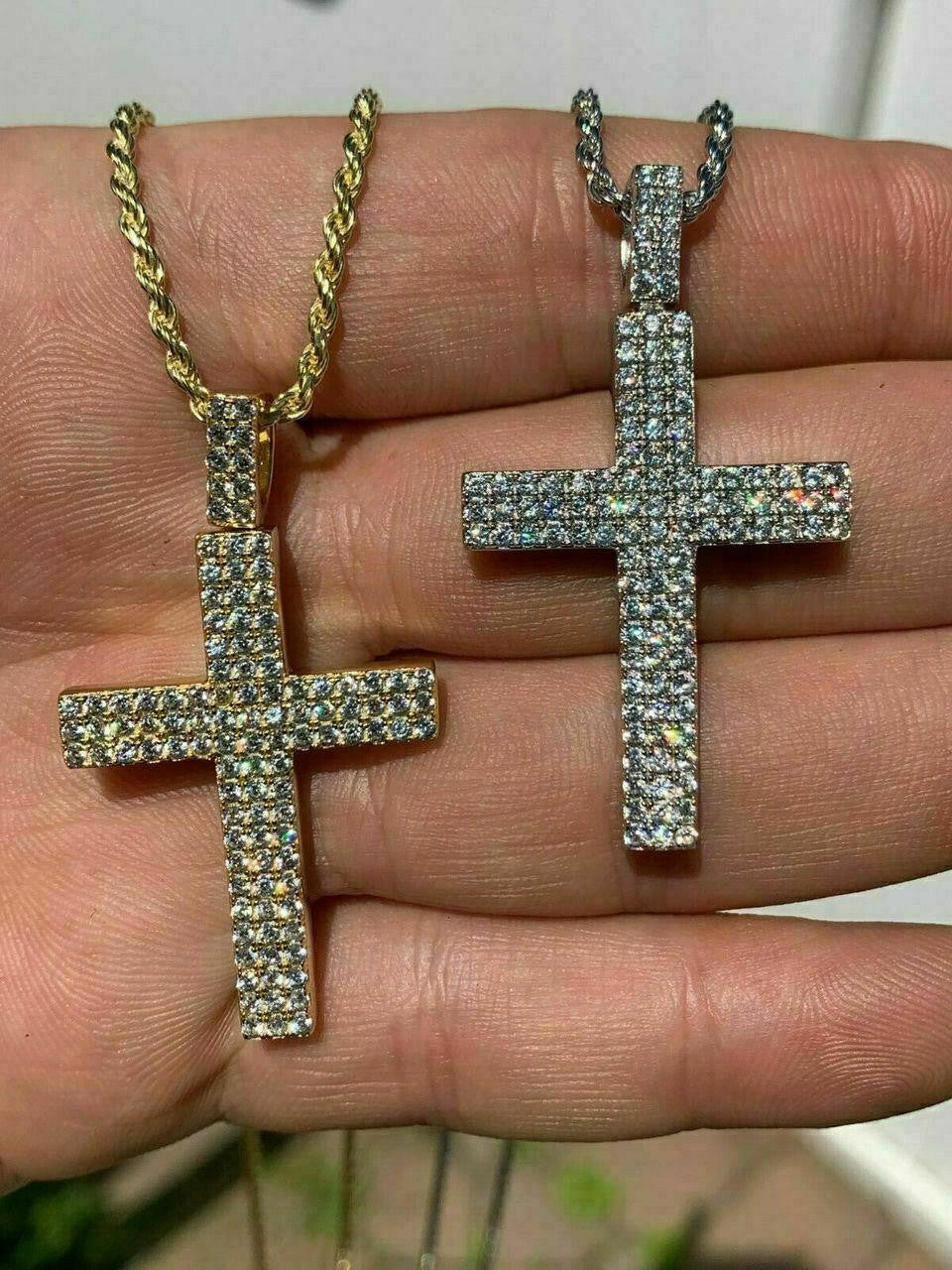 Prong Set Iced Out Cross Pendant - 14k Gold Vermeil or 925 Silver - CZ Stones - Medium 2"