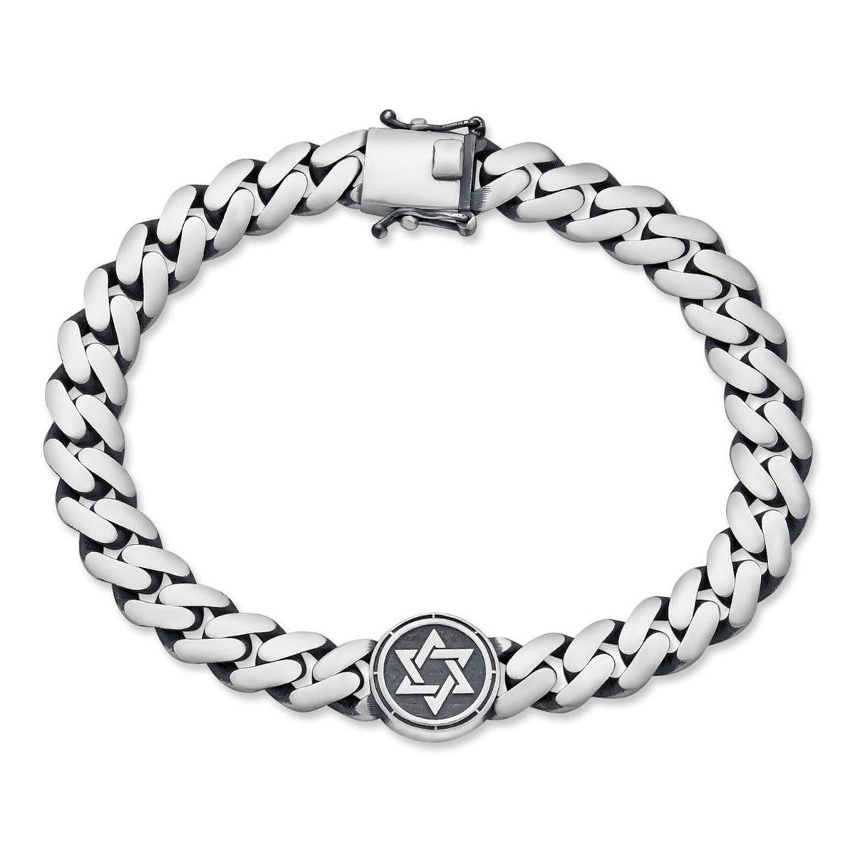 Miami Cuban Bracelet With Custom Star Of David Motif - 925 Sterling Silver Oxidized Gunmetal - 7"-9" - 9mm
