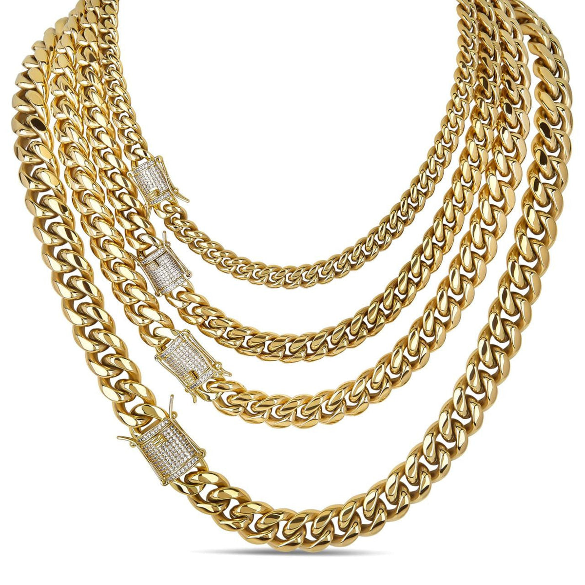 Miami Cuban Link Chain Necklace W. CZ Clasp - 14k Gold Plated Stainless Steel - 16"-30" - 8mm-14mm