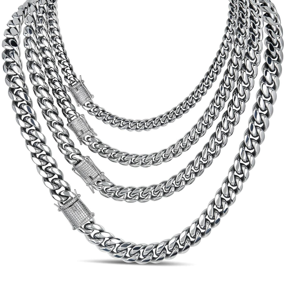 Miami Cuban Link Chain Necklace W. CZ Clasp - Stainless Steel W. 925 Silver Clasp - 16"-30" - 8mm-14mm