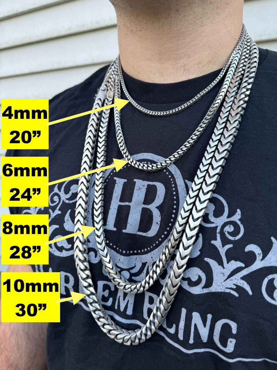 Modern Franco Link Chain Necklace W. Box Lock - Oxidized 925 Sterling Silver - 18"-30" - 4mm-10mm