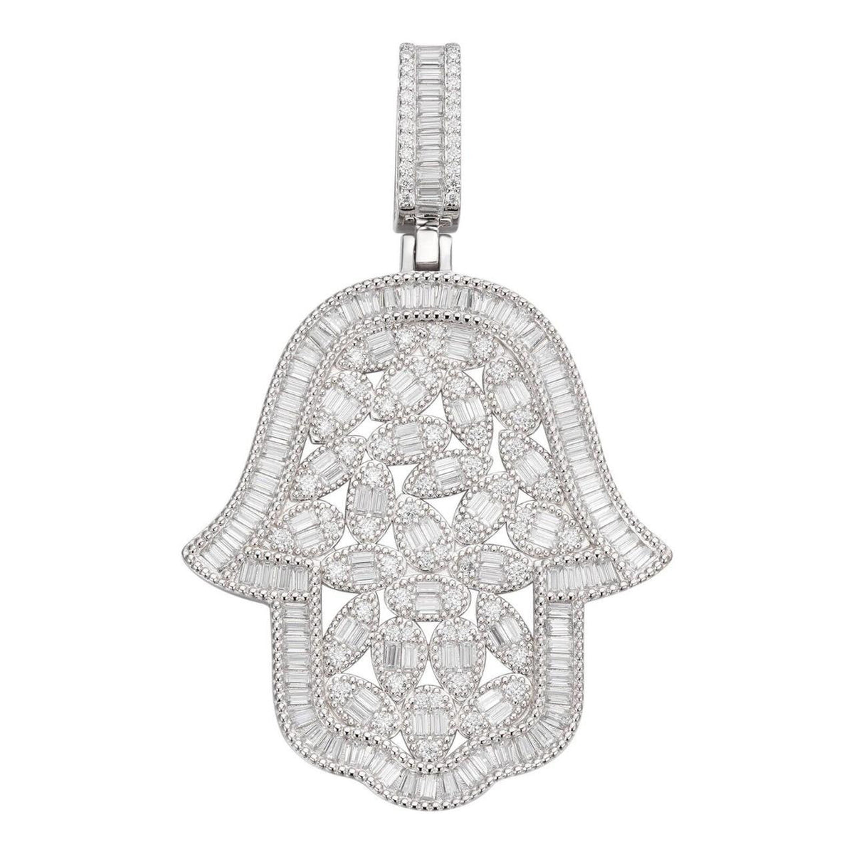 MOISSANITE 100 Evil Eyes Hamsa Hand Iced Out Pendant - 925 Silver - 3 Sizes 1.25"-3"