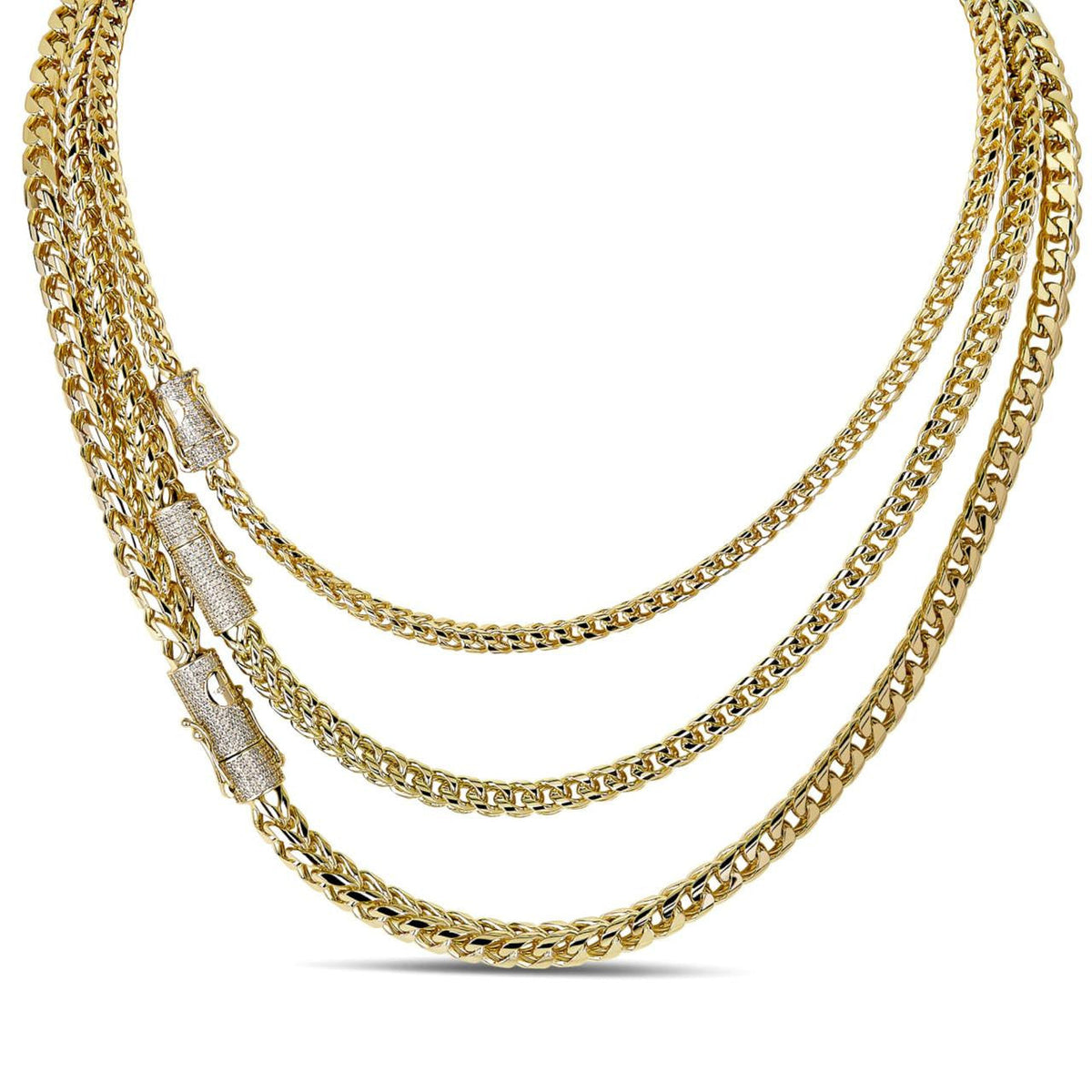 MOISSANITE CLASP Franco Chain Necklace - 14k Gold Plated Stainless Steel - 18"-30" - 4mm-6mm
