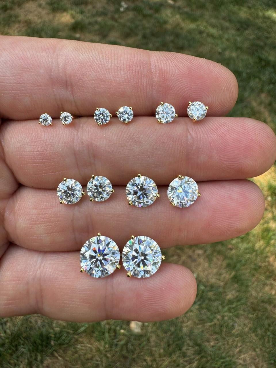MOISSANITE Martini 3-Prong Solitaire Pushback Stud Earrings - 14k Gold Vermeil 925 Silver - 3mm-10mm - 0.2-8ct