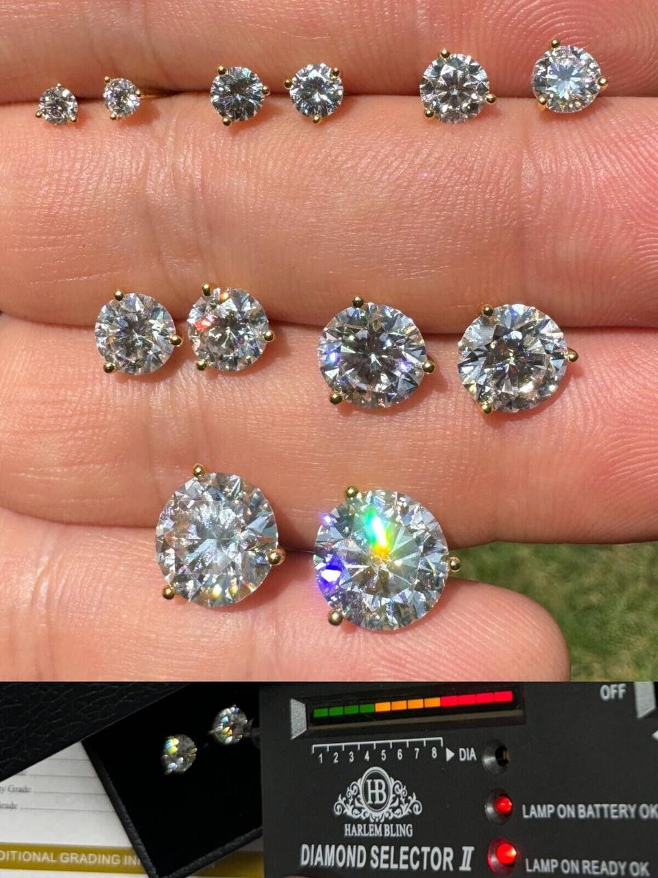 MOISSANITE Martini 3-Prong Solitaire Stud Earrings - 14k Gold Vermeil 925 Silver - 3mm-10mm - 0.2-8ct