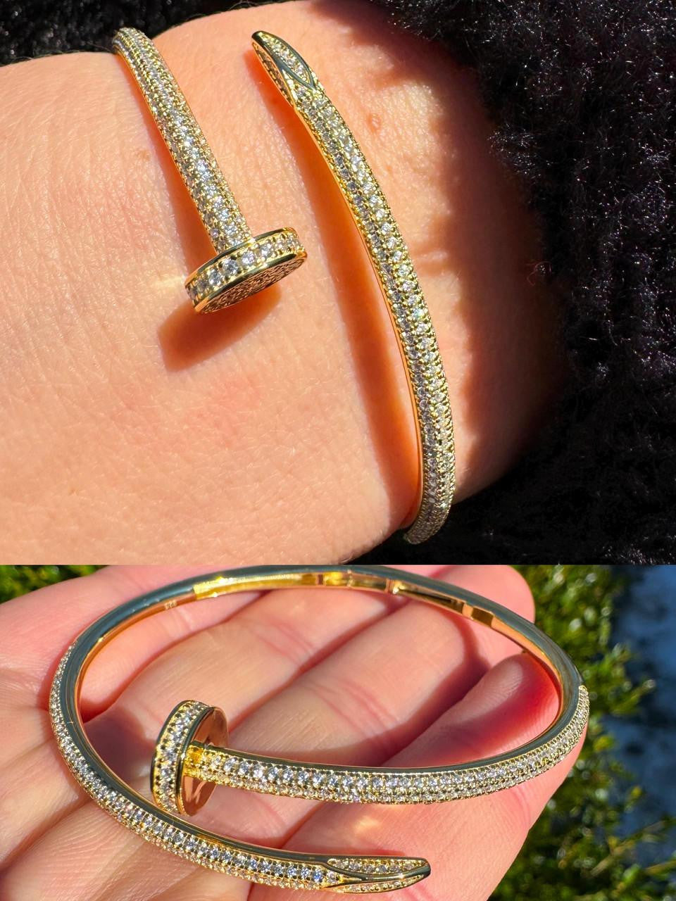 MOISSANITE Nail Bangle Bracelet Iced Out  - 14k Gold Vermeil 925 Silver - 6"-7.5"