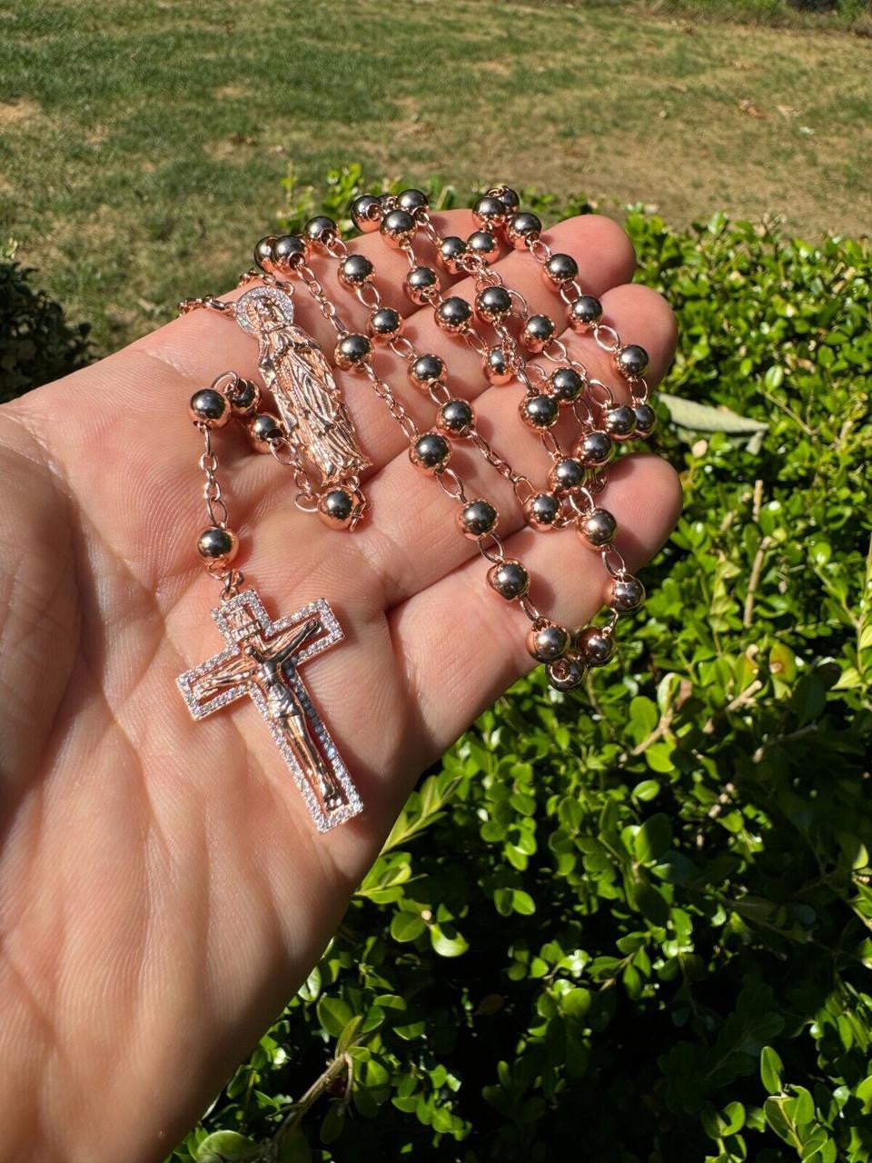 MOISSANITE Our Divine Mother Of Jesus Rosary Beads Necklace Iced Out - 14k Rose Gold Vermeil 925 Silver - 6mm - 30"