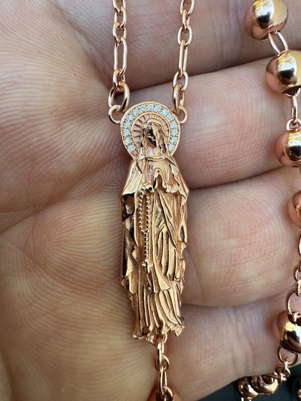 MOISSANITE Our Divine Mother Of Jesus Rosary Beads Necklace Iced Out - 14k Rose Gold Vermeil 925 Silver - 6mm - 30"