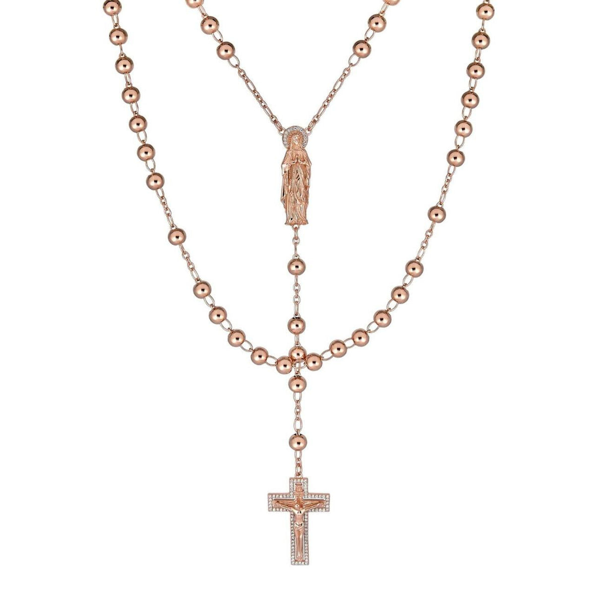 MOISSANITE Our Divine Mother Of Jesus Rosary Beads Necklace Iced Out - 14k Rose Gold Vermeil 925 Silver - 6mm - 30"