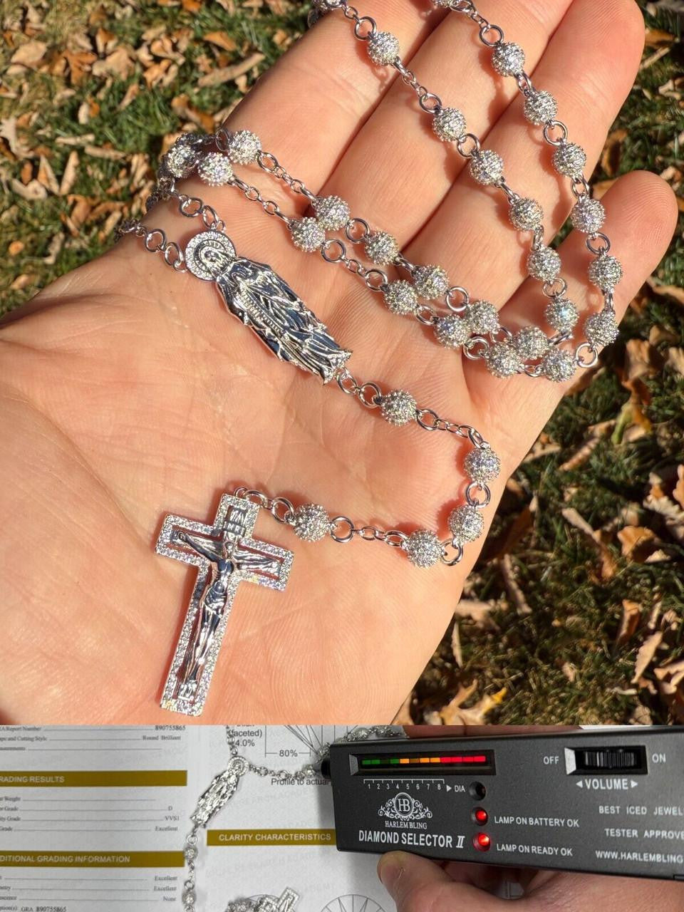 MOISSANITE Sinaloa Cartel Fully Iced Out Rosary Beads Necklace - 925 Silver - 6mm - 30"