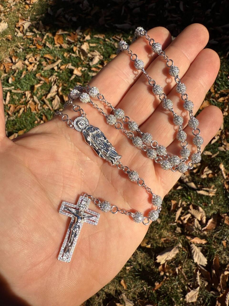 MOISSANITE Sinaloa Cartel Fully Iced Out Rosary Beads Necklace - 925 Silver - 6mm - 30"