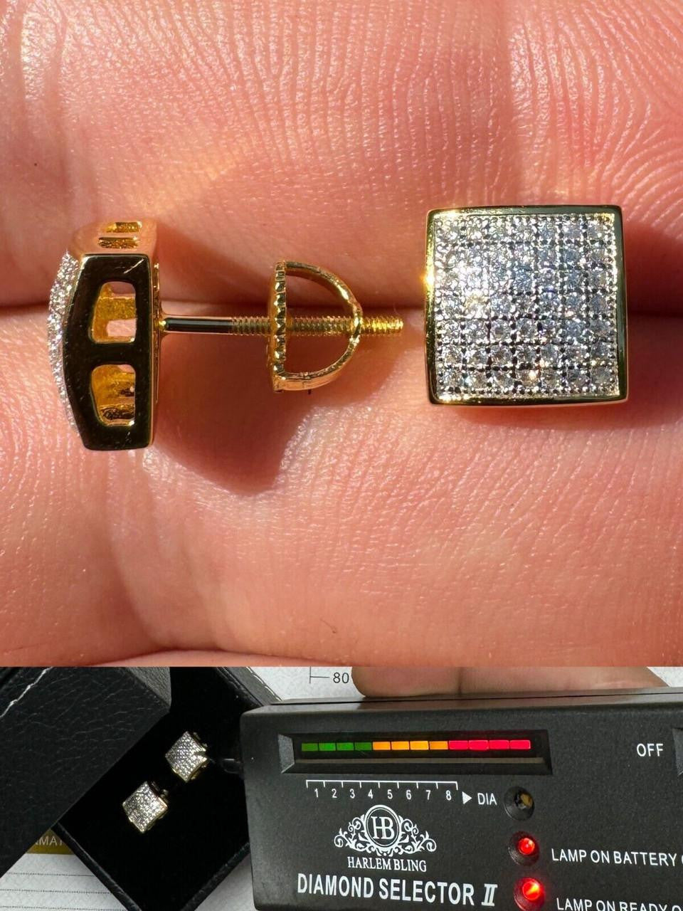 MOISSANITE Square Dome Hip Hop Earrings - 14k Gold Vermeil 925 Silver - 9mm
