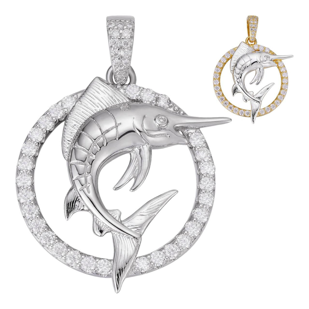 MOISSANITE Swordfish Marlin Iced Out Pendant - 14k Gold Vermeil Or 925 Silver - Small 1.25"