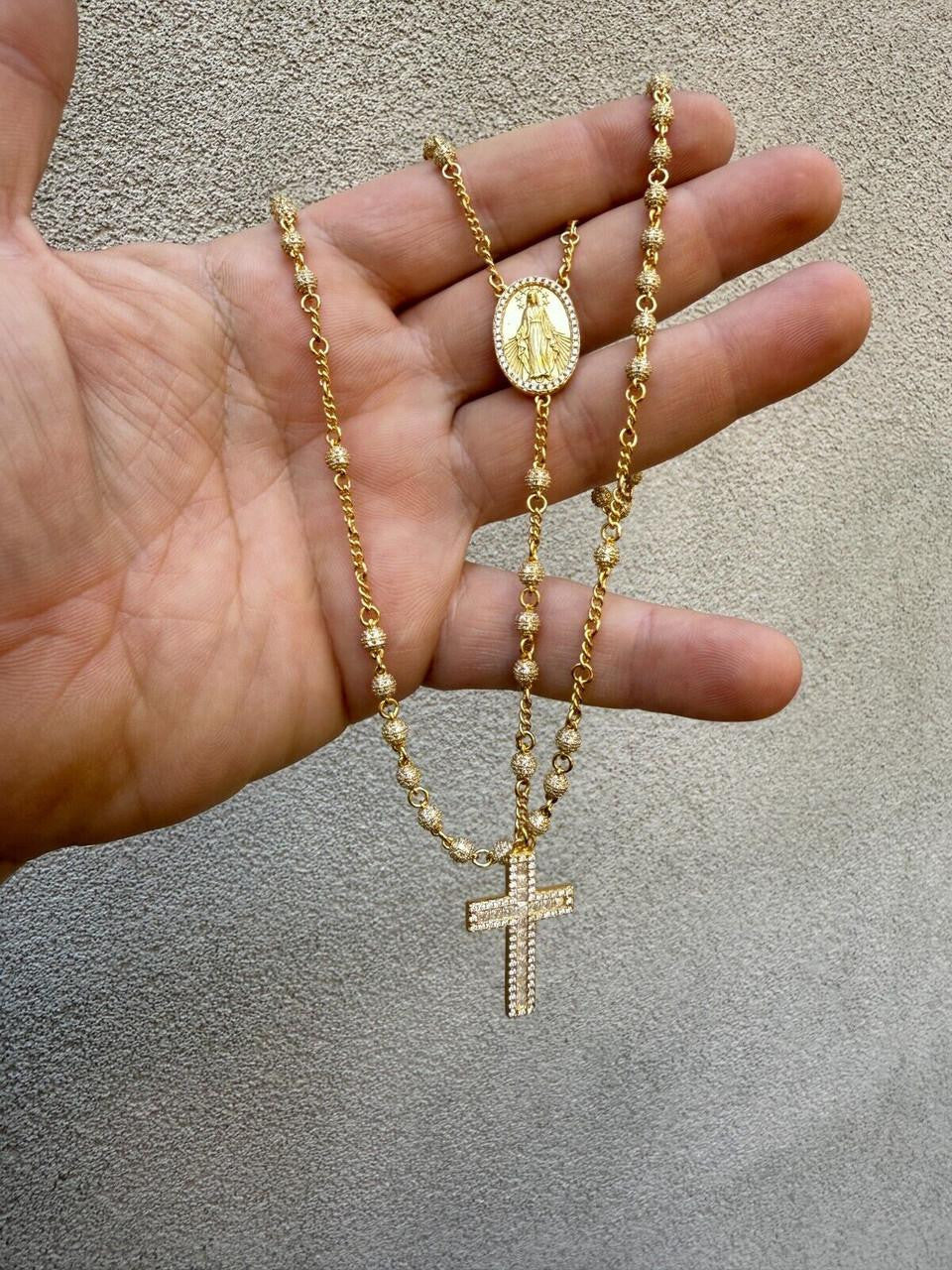MOISSANITE The Vatican Fully Iced Out Rosary Beads Necklace - 14k Gold Vermeil 925 Silver - 4mm - 30"