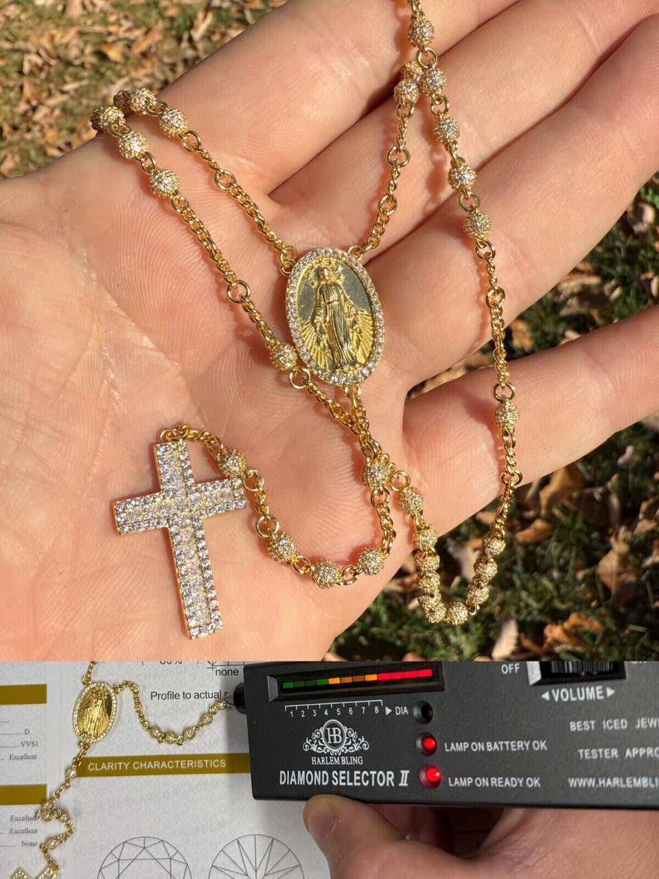 MOISSANITE The Vatican Fully Iced Out Rosary Beads Necklace - 14k Gold Vermeil 925 Silver - 4mm - 30"