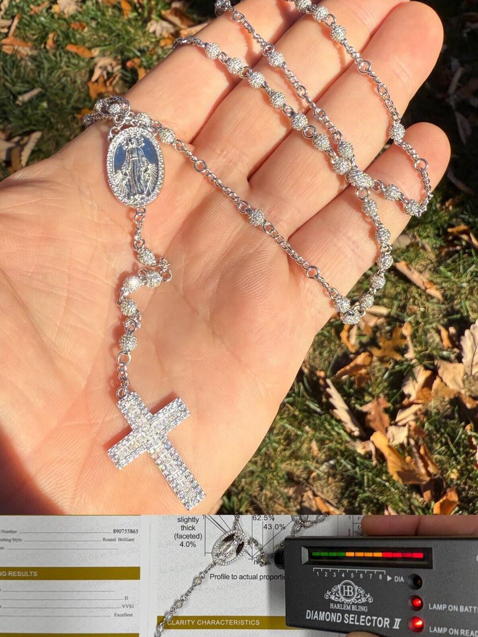 MOISSANITE The Vatican Fully Iced Out Rosary Beads Necklace - 925 Silver - 4mm - 30"