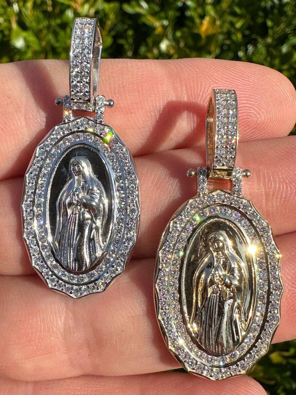 MOISSANITE Virgin Mary Iced Medallion Pendant - 10k Yellow Or White Gold - Small 1.75"