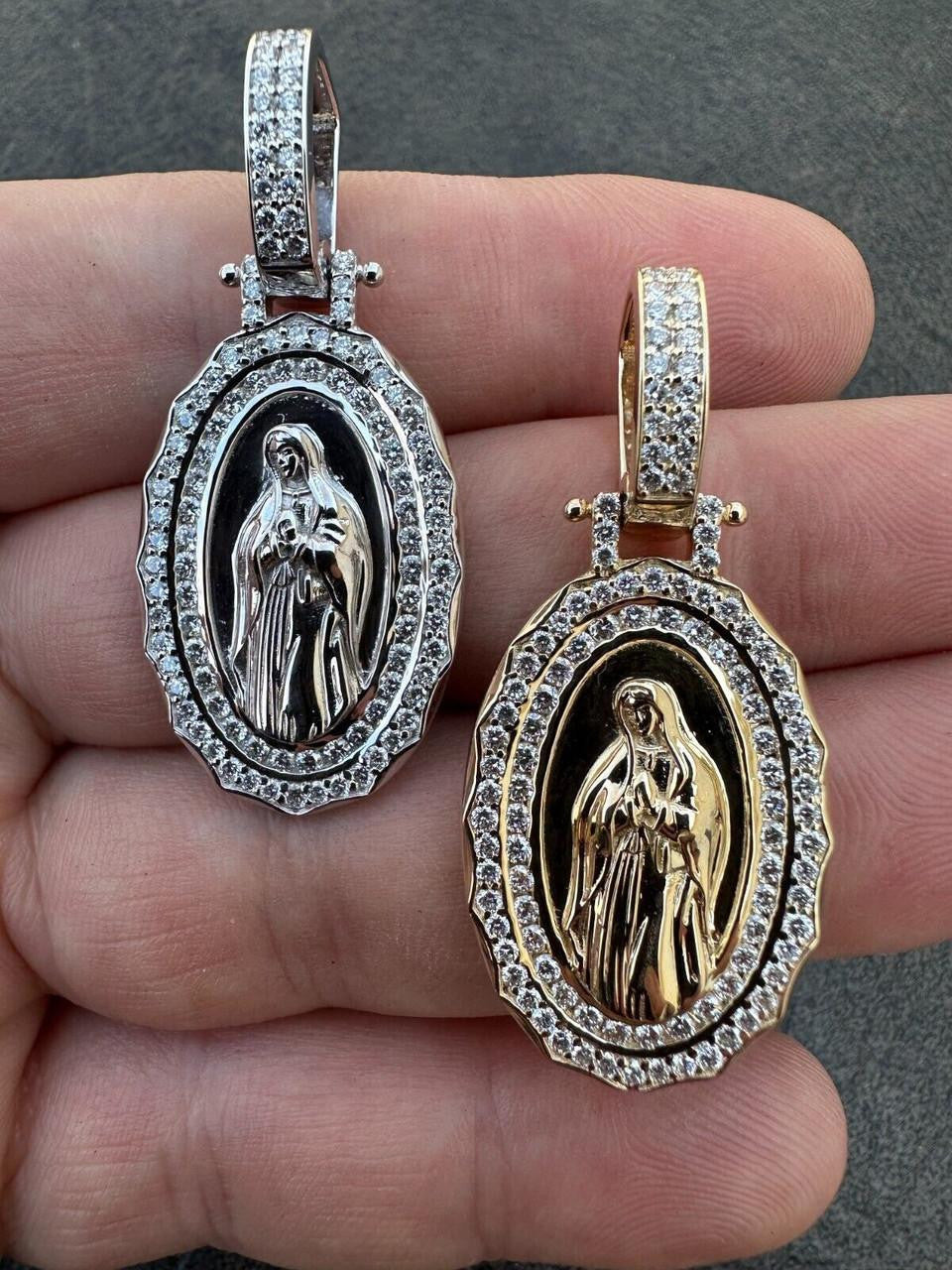 MOISSANITE Virgin Mary Iced Medallion Pendant - 10k Yellow Or White Gold - Small 1.75"
