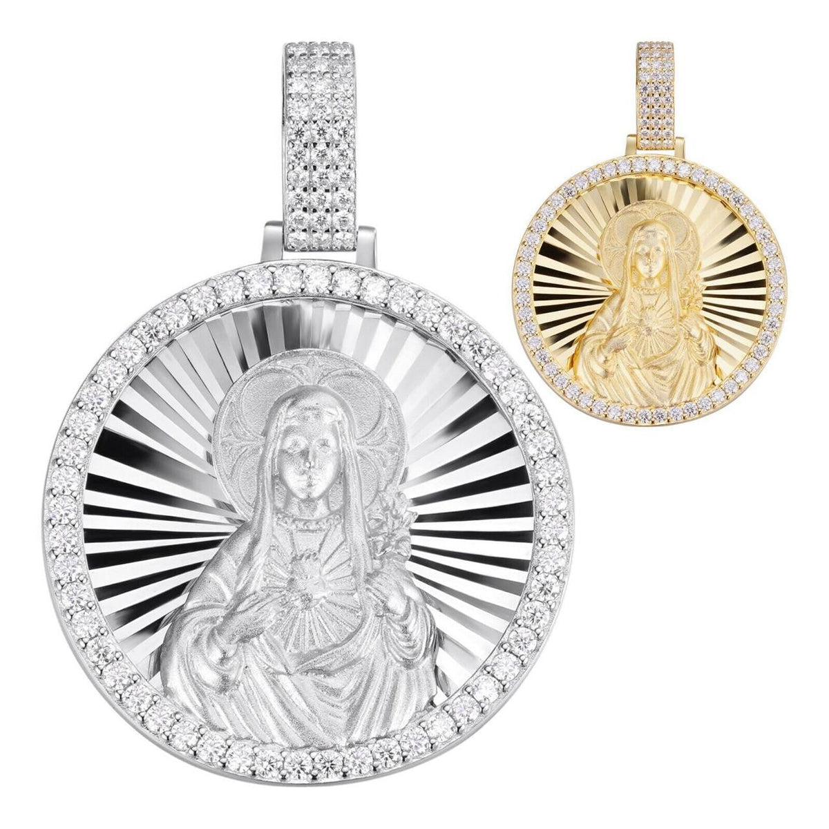 MOISSANITE Virgin Mary Round Medallion Pendant - 14k Gold Vermeil Or 925 Silver - Medium 2"