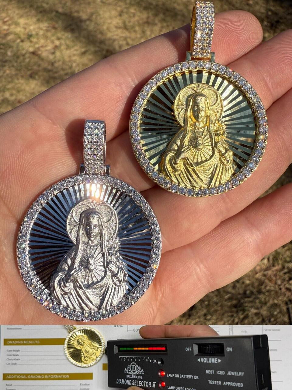 MOISSANITE Virgin Mary Round Medallion Pendant - 14k Gold Vermeil Or 925 Silver - Medium 2"