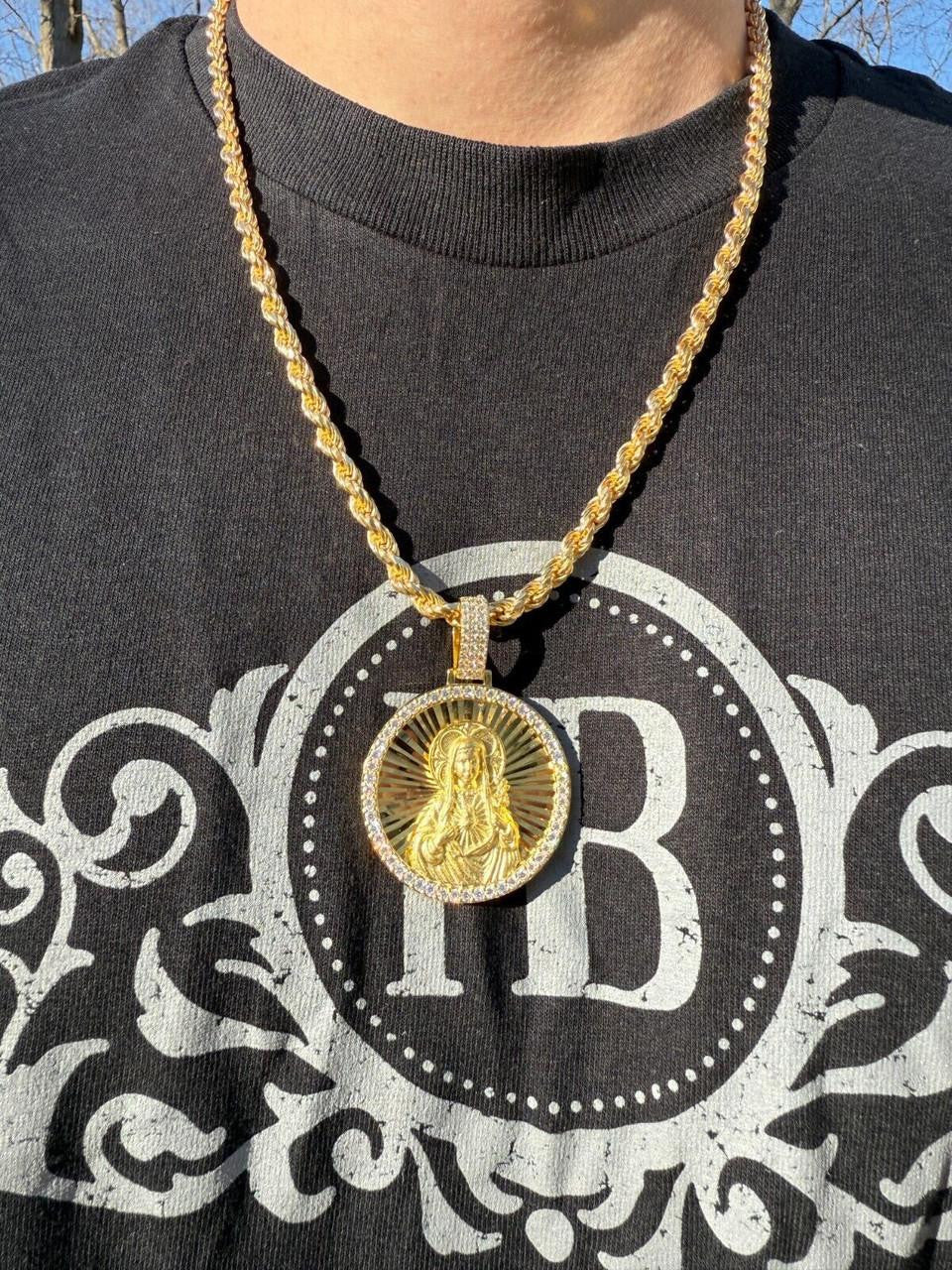 MOISSANITE Virgin Mary Round Medallion Pendant - 14k Gold Vermeil Or 925 Silver - Medium 2"