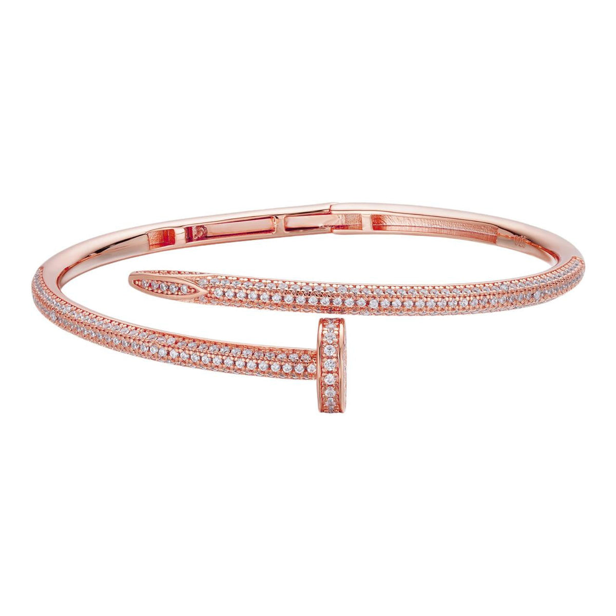 Nail Bangle Bracelet Iced Out CZ Stones - 14k Rose Gold Vermeil 925 Silver - 6"-7.5"