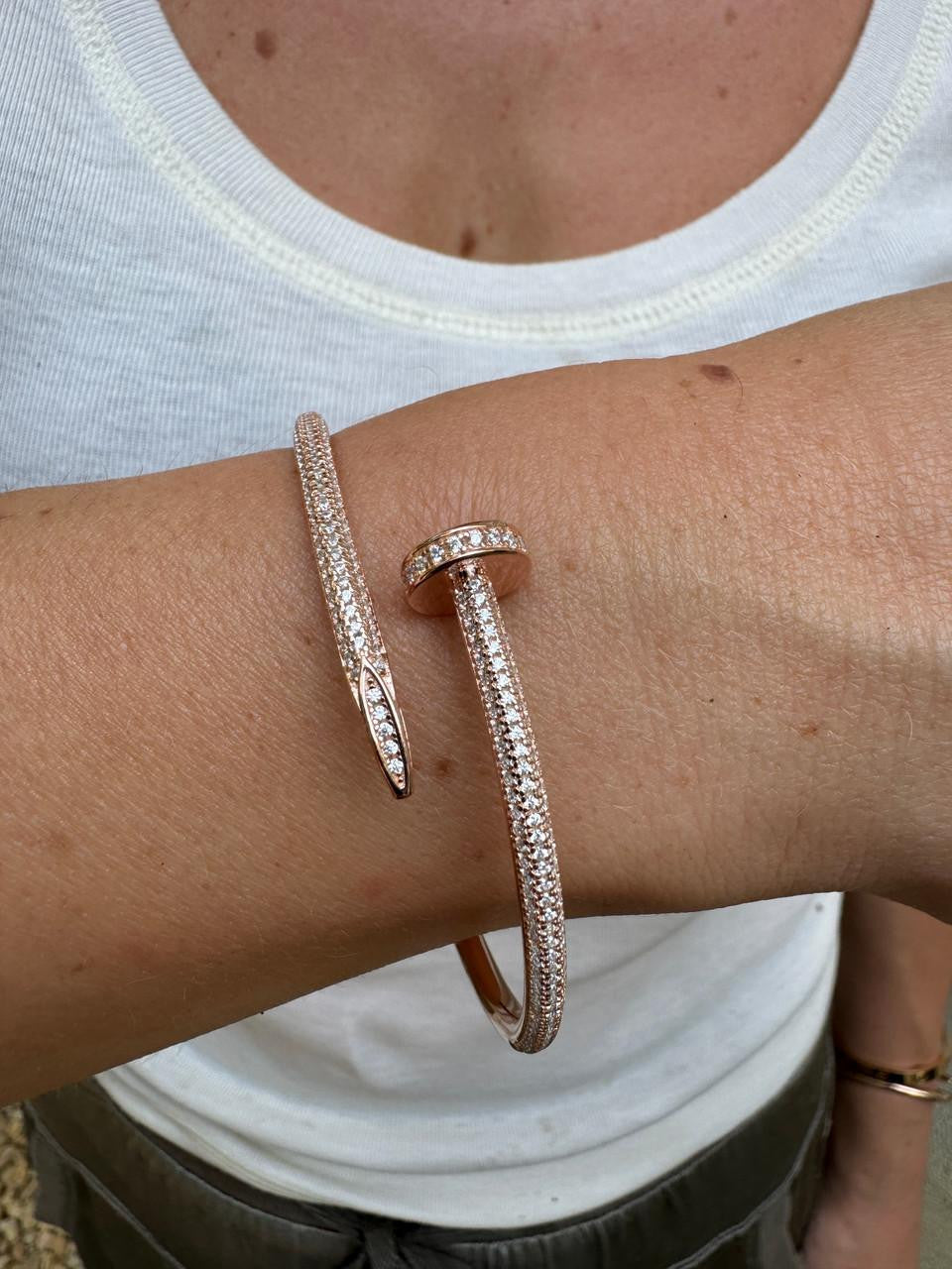 Nail Bangle Bracelet Iced Out CZ Stones - 14k Rose Gold Vermeil 925 Silver - 6"-7.5"