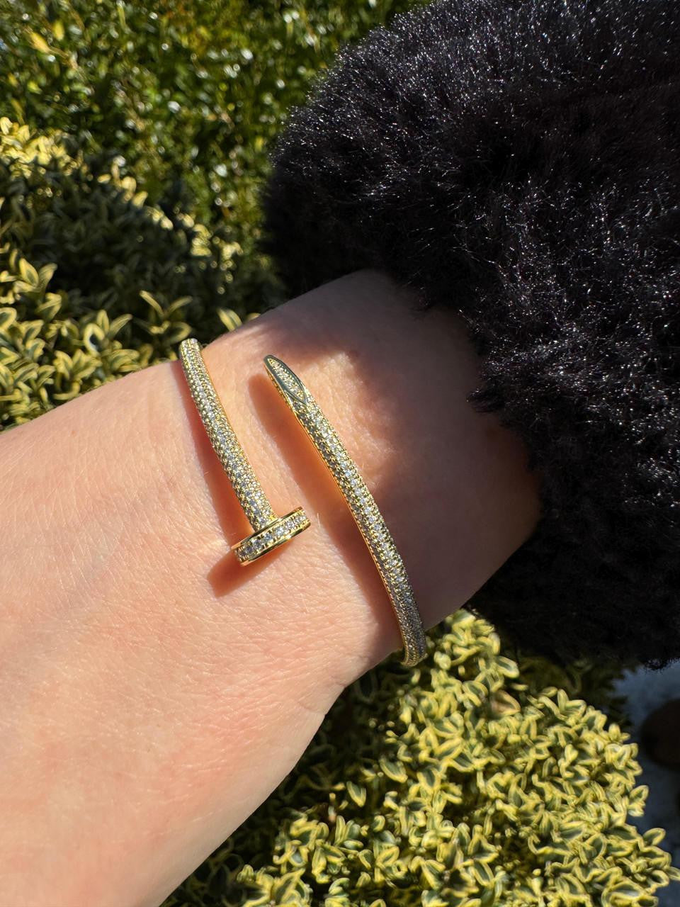 Nail Bangle Bracelet Iced Out CZ Stones - 14k Rose Gold Vermeil 925 Silver - 6"-7.5"