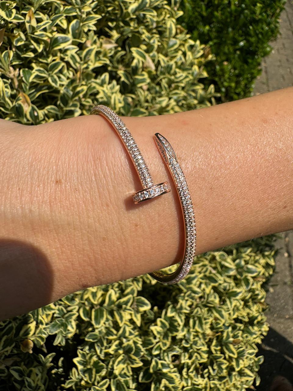 Nail Bangle Bracelet Iced Out CZ Stones - 14k Rose Gold Vermeil 925 Silver - 6"-7.5"