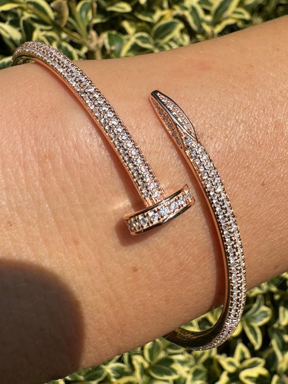 Nail Bangle Bracelet Iced Out CZ Stones - 14k Rose Gold Vermeil 925 Silver - 6"-7.5"