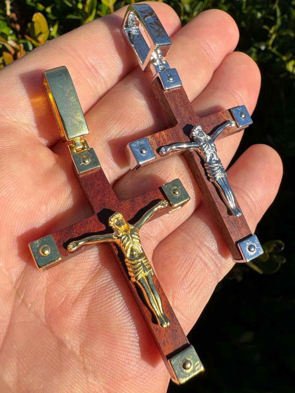 Natural Wood Plain Jesus Cross Pendant - 14k Gold Vermeil Or 925 Silver - Large 2.5"