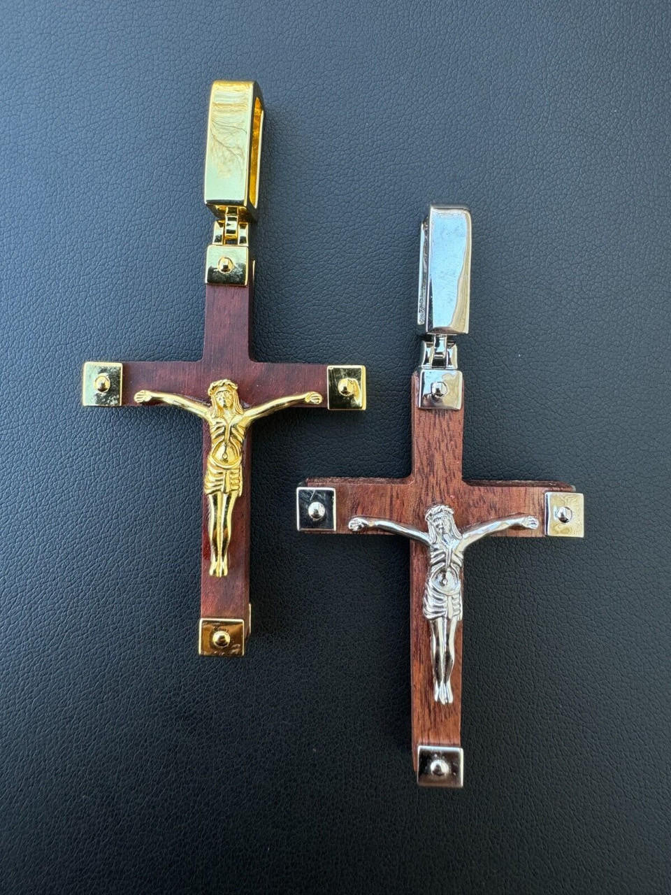 Natural Wood Plain Jesus Cross Pendant - 14k Gold Vermeil Or 925 Silver - Large 2.5"