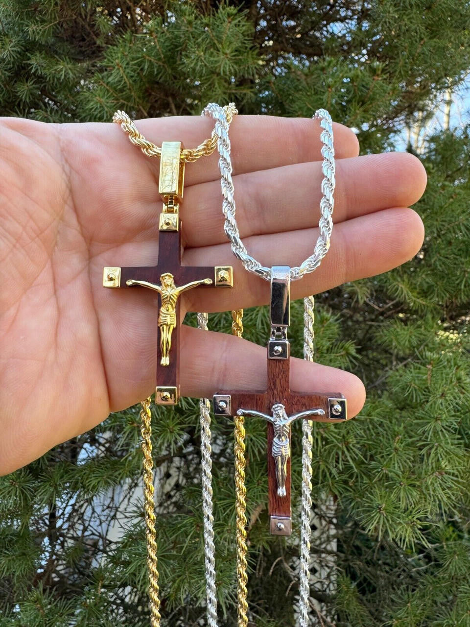 Natural Wood Plain Jesus Cross Pendant - 14k Gold Vermeil Or 925 Silver - Large 2.5"