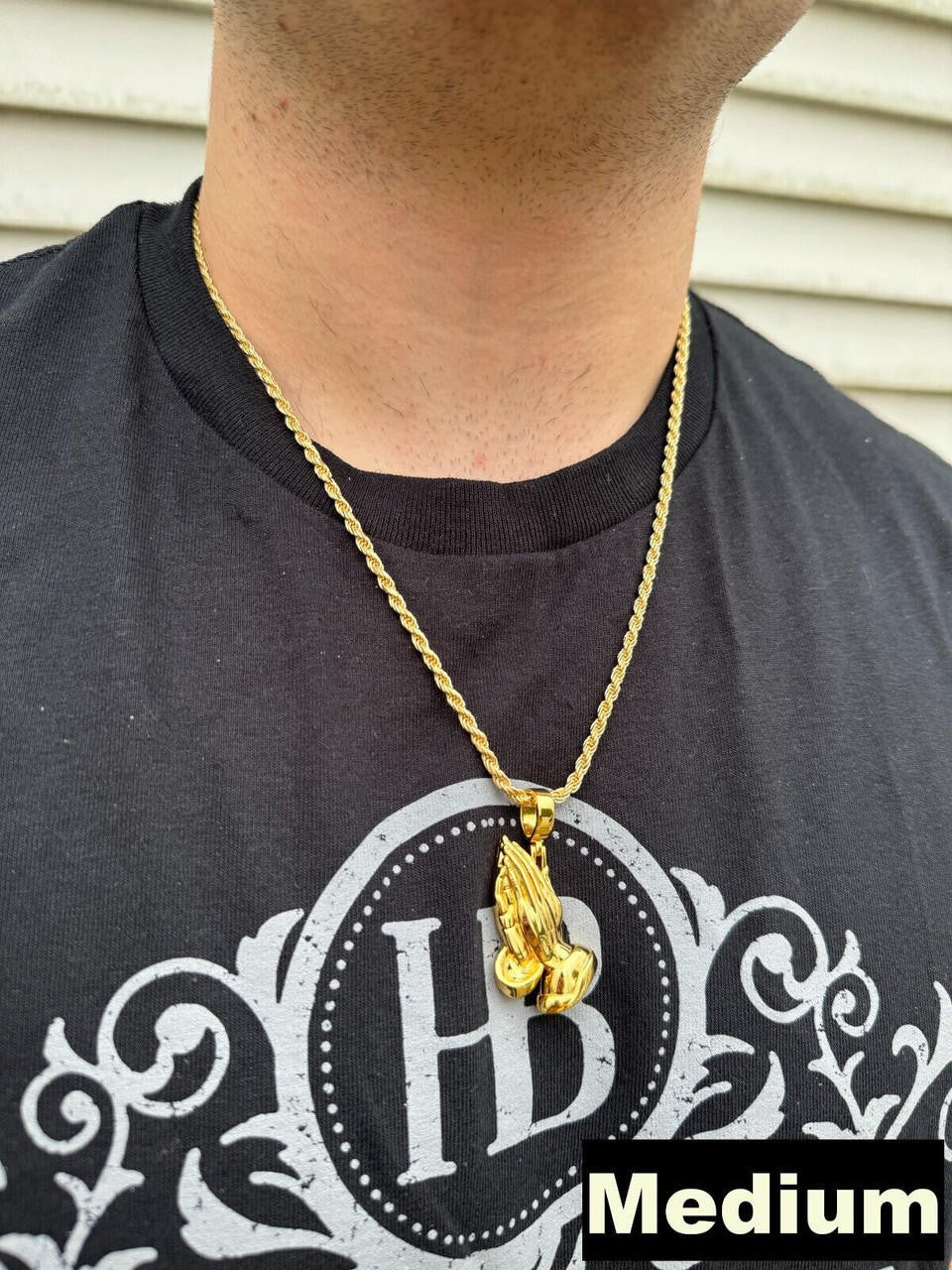 Praying Folded Hands Religious Pendant - 14k Gold Vermeil 925 Silver - 3 Sizes 1.25"-2.75"