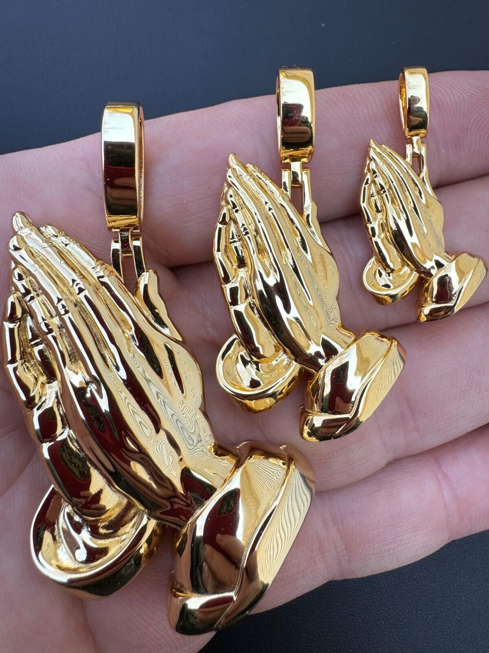 Praying Folded Hands Religious Pendant - 14k Gold Vermeil 925 Silver - 3 Sizes 1.25"-2.75"