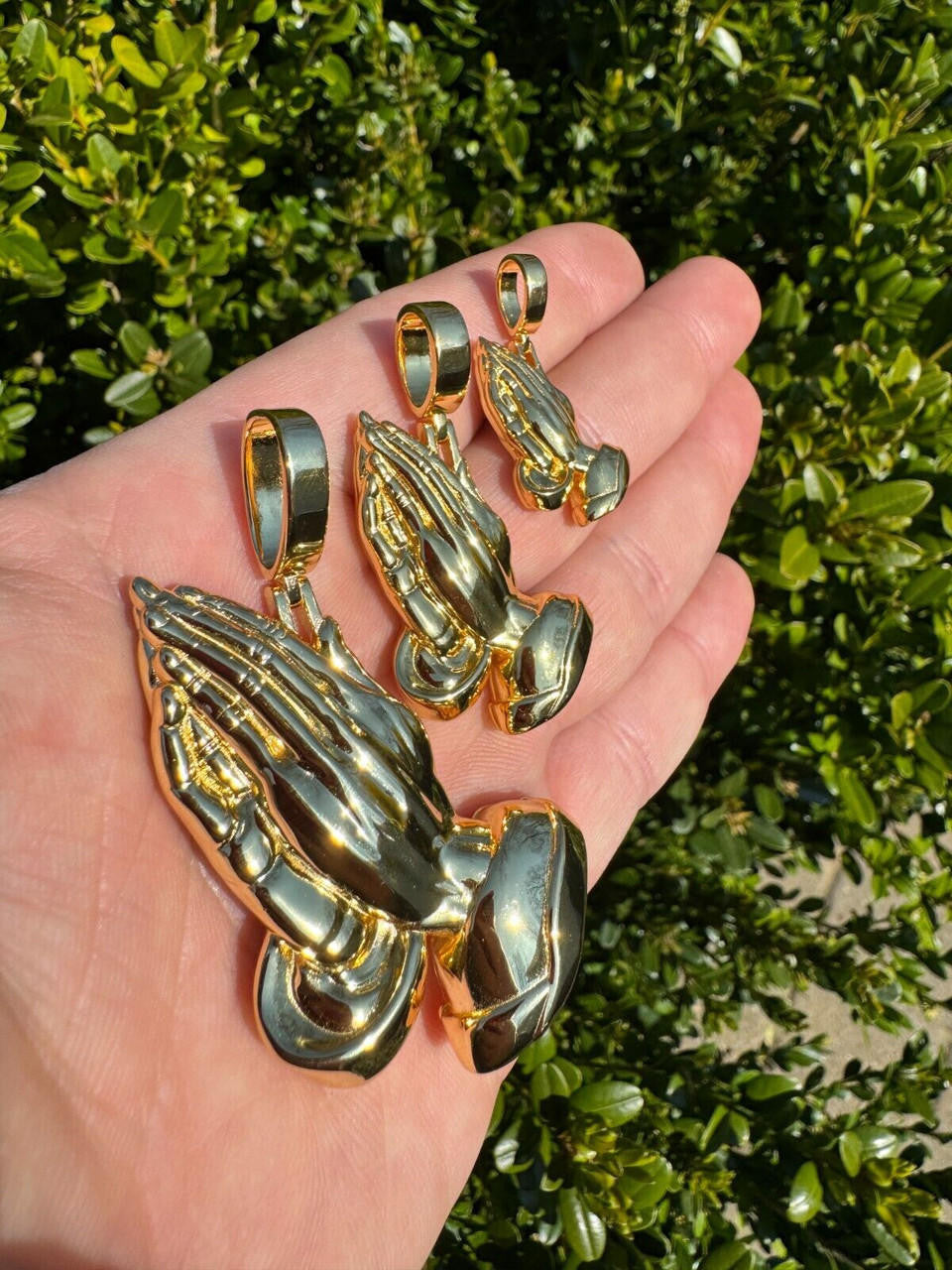 Praying Folded Hands Religious Pendant - 14k Gold Vermeil 925 Silver - 3 Sizes 1.25"-2.75"