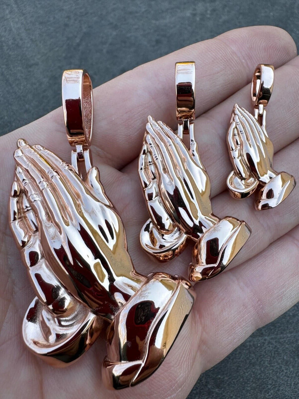 Praying Folded Hands Religious Pendant - 14k Rose Gold Vermeil 925 Silver - 3 Sizes 1.25"-2.75"